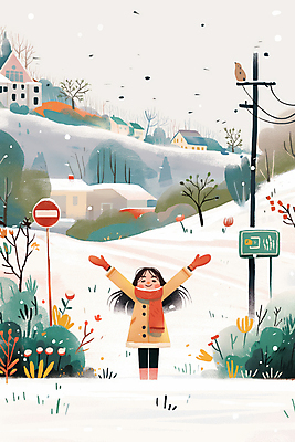 JPG 전신 식물 여자 어린이 장갑 겨울 일러스트 한명 미소 웃음 풍경 소녀 마을 목도리 만세 전선 표지판 소녀한명만 국내일러스트 AI일러스트 AI콘텐츠 1 잡화 계절 모션 알림판 표정 사람 여자한명만 소녀만 파일형식