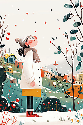 JPG 전신 나무 여자 어린이 겨울 일러스트 털모자 한명 풍경 소녀 마을 목도리 눈내림 소녀한명만 국내일러스트 AI일러스트 AI콘텐츠 식물 모자_잡화 1 잡화 계절 눈_날씨 사람 여자한명만 소녀만 파일형식