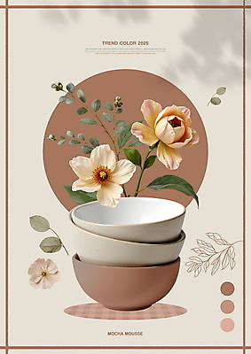PSD 편집이미지 꽃 포스터 잎 사람없음 쌓기 도자기 사기그릇 이미지편집 2025트렌드 모카무스 식물 그릇 모션 유행 파일형식 2025년 트렌드컬러