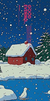 PSD 나무 일러스트 밤하늘 주택 오리 사람없음 파란색 고요 연못 쌓인눈 눈내림 국내일러스트 식물 컬러 조류 하늘 눈_날씨 건물 야간 파일형식