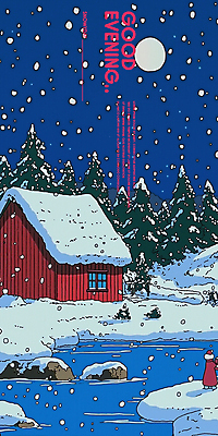 PSD 나무 일러스트 밤하늘 주택 한명 사람 파란색 강 고요 달 바위 쌓인눈 눈내림 국내일러스트 자연요소 식물 1 컬러 하늘 눈_날씨 건물 돌_바위 야간 파일형식