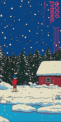 PSD 나무 일러스트 밤하늘 주택 한명 사람 파란색 강 고요 쌓인눈 눈내림 국내일러스트 식물 1 컬러 하늘 눈_날씨 건물 야간 파일형식