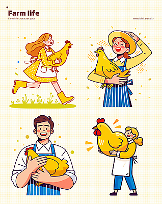 모자 여자 남자 일러스트 안기 미소 여러명 성인 달리기 농장 노란색 손들기 앞치마 가축 닭 농부 성인만 일러캐릭터 AI파일 동물 직업 캐릭터 잡화 컬러 다수 농업 모션 조류 표정 사람 파일형식 벡터