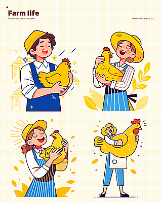 모자 여자 남자 일러스트 안기 미소 여러명 성인 농장 노란색 앞치마 가축 닭 농부 성인만 일러캐릭터 AI파일 동물 직업 캐릭터 잡화 컬러 다수 농업 모션 조류 표정 사람 파일형식 벡터