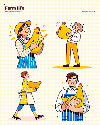 모자 여자 남자 일러스트 안기 미소 여러명 성인 농장 노란색 걷기 앞치마 닭 농부 성인만 일러캐릭터 AI파일 직업 캐릭터 잡화 컬러 다수 농업 모션 조류 표정 사람 파일형식 벡터