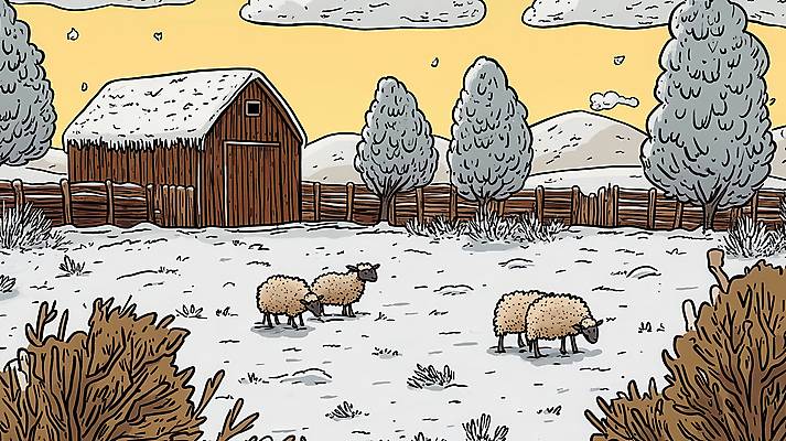 JPG 나무 구름 일러스트 자연 사람없음 고요 목장 눈 양 숲속 쌓인눈 겨울풍경 국내일러스트 AI일러스트 AI콘텐츠 자연요소 식물 겨울 포유류 날씨 풍경 숲 생태계 파일형식