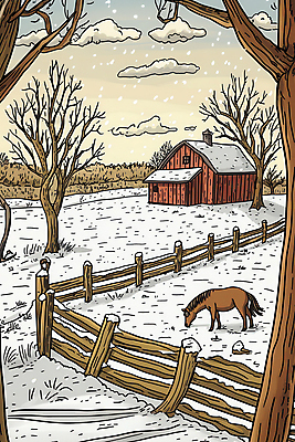 JPG 나무 구름 일러스트 자연 사람없음 울타리 고요 말_동물 숲속 마굿간 눈내림 겨울풍경 국내일러스트 AI일러스트 AI콘텐츠 자연요소 식물 겨울 포유류 눈_날씨 풍경 담장 숲 생태계 외양간 파일형식