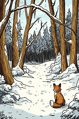 JPG 일러스트 자연 앉기 사람없음 고요 숲속 여우 쌓인눈 눈내림 겨울풍경 국내일러스트 AI일러스트 AI콘텐츠 겨울 포유류 모션 눈_날씨 풍경 숲 생태계 파일형식