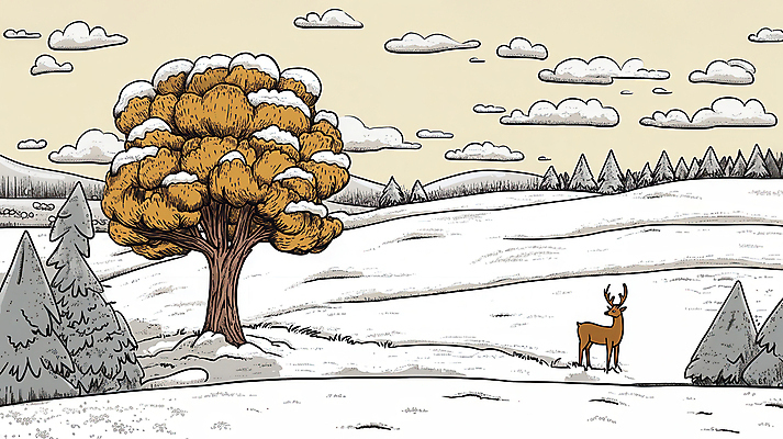 JPG 나무 구름 일러스트 자연 사슴 사람없음 고요 눈 숲속 쌓인눈 겨울풍경 국내일러스트 AI일러스트 AI콘텐츠 자연요소 식물 겨울 포유류 날씨 풍경 숲 생태계 파일형식