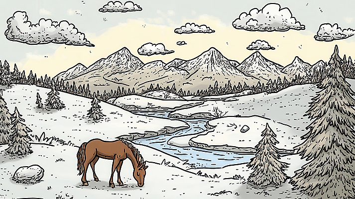 JPG 나무 구름 일러스트 자연 산 사람없음 강 고요 말_동물 숲속 겨울풍경 국내일러스트 AI일러스트 AI콘텐츠 자연요소 식물 겨울 포유류 풍경 숲 생태계 파일형식