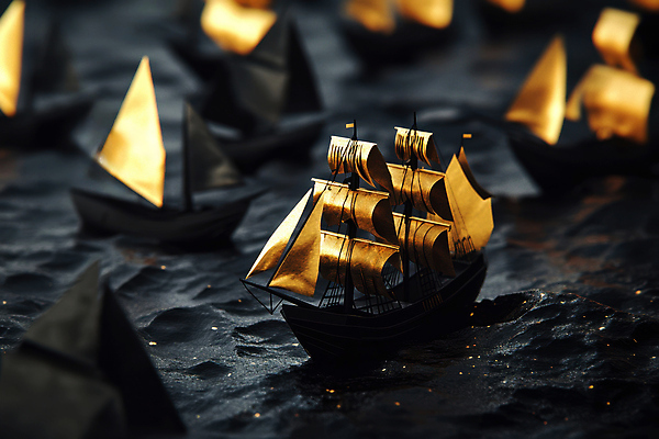 JPG 편집이미지 바다 항해 사람없음 검은색 금색 종이배 편집실사 AI포토 AI콘텐츠 컬러 배_교통 CG 종이접기 파일형식