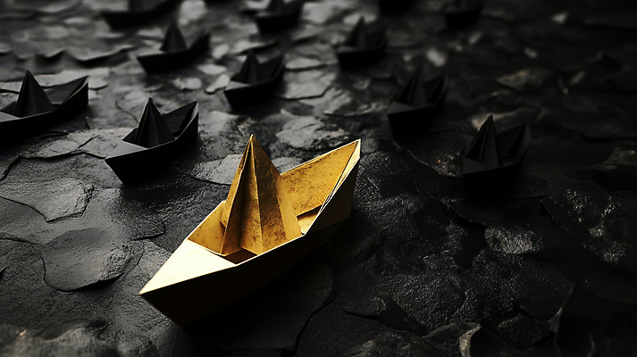 JPG 편집이미지 바다 항해 사람없음 검은색 금색 종이배 편집실사 AI포토 AI콘텐츠 컬러 배_교통 CG 종이접기 파일형식