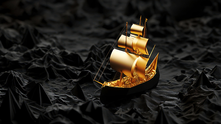 JPG 편집이미지 바다 항해 사람없음 검은색 금색 종이배 편집실사 AI포토 AI콘텐츠 컬러 배_교통 CG 종이접기 파일형식