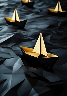 JPG 편집이미지 바다 항해 사람없음 검은색 금색 종이배 편집실사 AI포토 AI콘텐츠 컬러 배_교통 CG 종이접기 파일형식