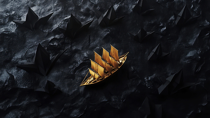 JPG 편집이미지 바다 항해 사람없음 검은색 금색 종이배 편집실사 AI포토 AI콘텐츠 컬러 배_교통 CG 종이접기 파일형식