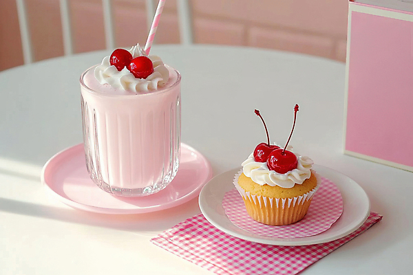 JPG 편집이미지 접시 음료 분홍색 탁자 디저트 사람없음 봄 카페 체리 컵케이크 감성 편집실사 AI포토 AI콘텐츠 식기 계절 음식 컬러 가구 컨셉 과일 케이크 상점 CG 파일형식