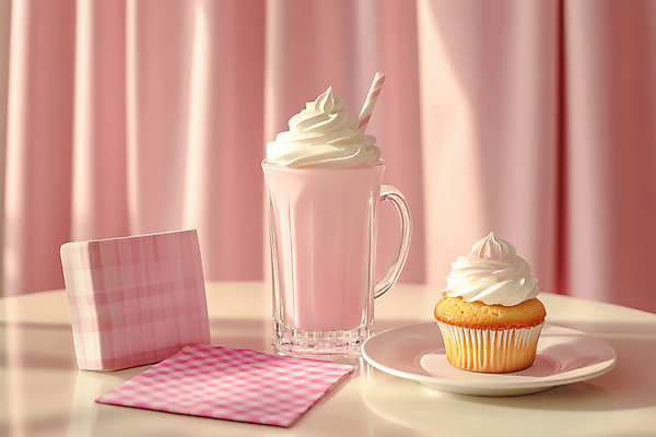 JPG 편집이미지 접시 음료 분홍색 탁자 디저트 사람없음 봄 카페 커튼 컵케이크 감성 편집실사 AI포토 AI콘텐츠 식기 계절 음식 컬러 가구 컨셉 케이크 상점 CG 파일형식