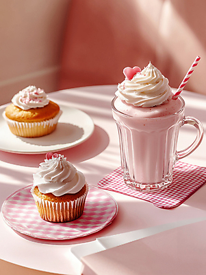 JPG 편집이미지 접시 음료 분홍색 탁자 디저트 사람없음 봄 카페 컵케이크 감성 편집실사 AI포토 AI콘텐츠 식기 계절 음식 컬러 가구 컨셉 케이크 상점 CG 파일형식