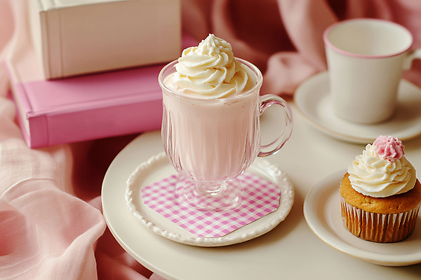 JPG 편집이미지 접시 음료 분홍색 탁자 디저트 사람없음 봄 카페 컵케이크 천 감성 편집실사 AI포토 AI콘텐츠 식기 계절 음식 컬러 가구 컨셉 케이크 상점 직물 CG 파일형식