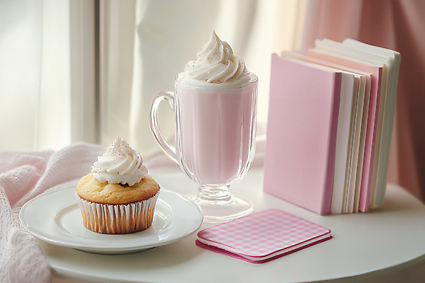 JPG 편집이미지 접시 음료 분홍색 탁자 디저트 사람없음 책 봄 카페 커튼 컵케이크 감성 편집실사 AI포토 AI콘텐츠 식기 계절 음식 컬러 가구 컨셉 케이크 상점 CG 파일형식