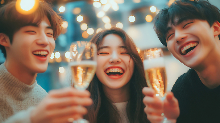 JPG 편집이미지 여자 남자 웃음 들기 상반신 성인 세명 친구 파티 우정 샴페인 즐거움 샴페인잔 보케 연말 의료성형뷰티 성인만 편집실사 AI인물포토 AI콘텐츠 감정 술잔 관계 모션 주류 표정 사람 이벤트 CG 파일형식 AI포토