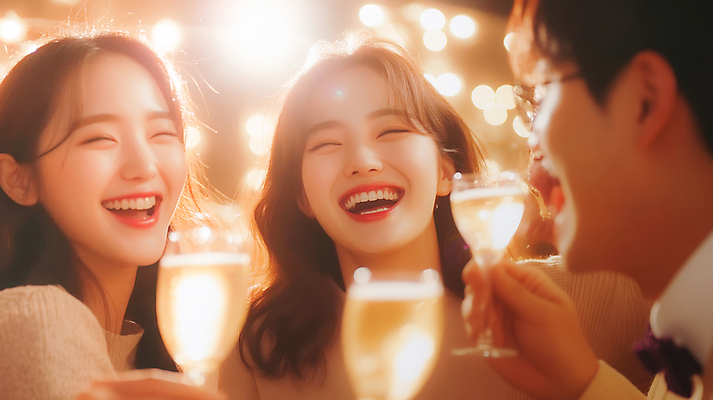 JPG 편집이미지 여자 남자 웃음 들기 상반신 성인 세명 친구 파티 우정 샴페인 즐거움 샴페인잔 보케 연말 의료성형뷰티 성인만 편집실사 AI인물포토 AI콘텐츠 감정 술잔 관계 모션 주류 표정 사람 이벤트 CG 파일형식 AI포토