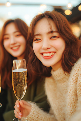 JPG 편집이미지 여자 웃음 들기 상반신 성인 두명 친구 파티 우정 샴페인 즐거움 샴페인잔 보케 연말 의료성형뷰티 성인여자만 편집실사 AI인물포토 AI콘텐츠 감정 술잔 관계 모션 주류 표정 사람 이벤트 CG 여자만 성인만 파일형식 AI포토