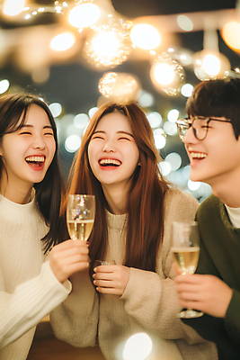 JPG 편집이미지 여자 남자 웃음 들기 상반신 성인 세명 친구 파티 우정 샴페인 즐거움 샴페인잔 보케 연말 의료성형뷰티 성인만 편집실사 AI인물포토 AI콘텐츠 감정 술잔 관계 모션 주류 표정 사람 이벤트 CG 파일형식 AI포토