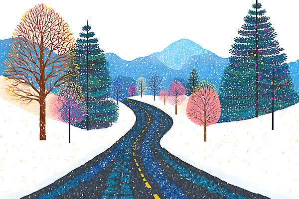 JPG 나무 겨울 일러스트 자연 산 풍경 사람없음 컬러풀 차도 숲 쌓인눈 눈내림 국내일러스트 AI일러스트 AI콘텐츠 식물 계절 도로 컬러 눈_날씨 생태계 파일형식
