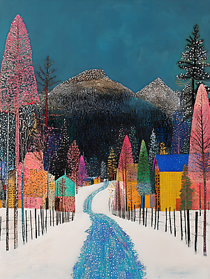 JPG 나무 겨울 일러스트 자연 산 주택 풍경 사람없음 컬러풀 마을 숲 눈길 쌓인눈 국내일러스트 AI일러스트 AI콘텐츠 식물 계절 길 컬러 눈_날씨 건물 생태계 파일형식