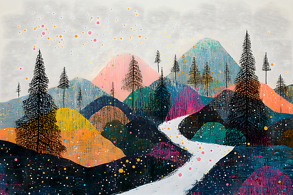 JPG 나무 겨울 일러스트 자연 산 풍경 사람없음 컬러풀 숲 쌓인눈 눈내림 국내일러스트 AI일러스트 AI콘텐츠 식물 계절 컬러 눈_날씨 생태계 파일형식