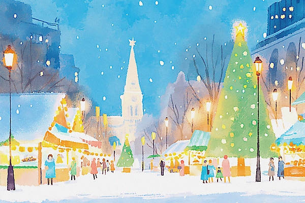 JPG 여자 남자 어린이 겨울 가로등 일러스트 여러명 성인 건물 빛 크리스마스트리 시장 군중 쌓인눈 눈내림 눈덮임 국내일러스트 AI일러스트 AI콘텐츠 건축물 계절 공공시설 다수 컨셉 크리스마스 눈_날씨 사람 파일형식