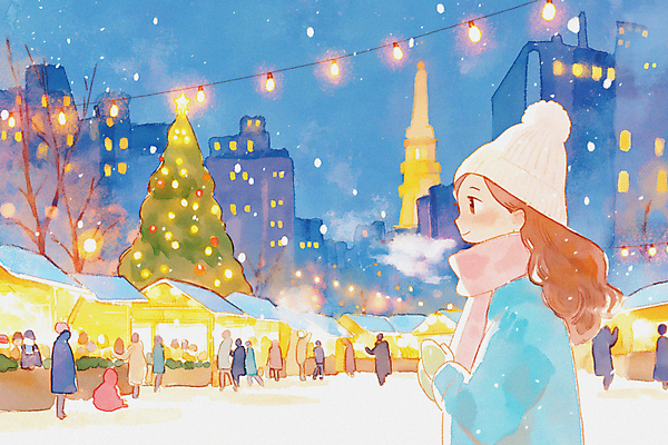 모자_잡화 건축물 잡화 계절 다수 컨셉 크리스마스 전구 눈_날씨 표정 사람 파일형식 AI콘텐츠 건물 크리스마스트리 알전구 장갑 목도리 털모자 미소 성인만 성인 남자 여자 여러명 겨울 시장 눈덮임 눈내림 쌓인눈 JPG 일러스트 국내일러스트 빛 군중 AI일러스트