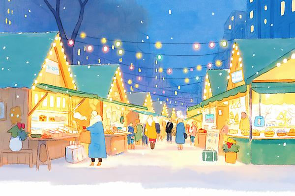 JPG 나무 여자 남자 크리스마스 겨울 일러스트 여러명 성인 건물 빛 시장 군중 쌓인눈 알전구 눈내림 성인만 눈덮임 국내일러스트 AI일러스트 AI콘텐츠 식물 건축물 계절 기념일 다수 컨셉 전구 눈_날씨 사람 파일형식