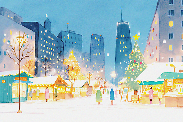 JPG 나무 여자 남자 겨울 가로등 일러스트 여러명 성인 건물 빛 크리스마스트리 시장 군중 쌓인눈 눈내림 성인만 눈덮임 국내일러스트 AI일러스트 AI콘텐츠 식물 건축물 계절 공공시설 다수 컨셉 크리스마스 눈_날씨 사람 파일형식