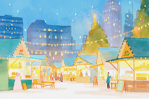 JPG 여자 남자 겨울 일러스트 여러명 성인 건물 빛 크리스마스트리 시장 군중 쌓인눈 알전구 눈내림 성인만 눈덮임 국내일러스트 AI일러스트 AI콘텐츠 건축물 계절 다수 컨셉 크리스마스 전구 눈_날씨 사람 파일형식