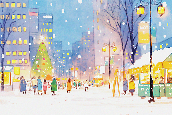 식물 건축물 계절 공공시설 다수 컨셉 크리스마스 눈_날씨 사람 파일형식 AI콘텐츠 건물 가로등 크리스마스트리 나무 어린이 성인 남자 여자 여러명 겨울 시장 눈덮임 눈내림 쌓인눈 JPG 일러스트 국내일러스트 빛 군중 AI일러스트