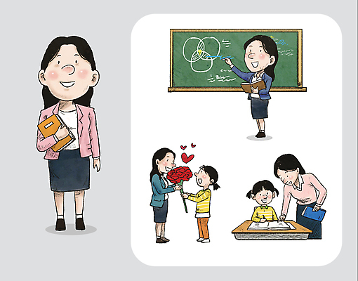 전신 학생 여자 어린이 일러스트 수업 사랑 들기 소녀 여러명 성인 책 교사 칠판 카네이션 책상 감사 여자만 국내일러스트 AI파일 직업 교육 꽃 감정 가구 다수 모션 사람 파일형식 벡터