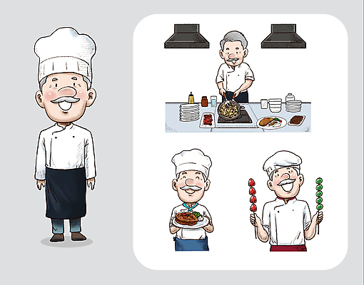 직업 접시 남자 음식 중년 일러스트 수염 요리사모자 스테이크 요리 들기 여러명 주방 주방장 앞치마 프라이팬 가스레인지 창업 렌지후드 중년남자만 탕후루 국내일러스트 AI파일 모자_잡화 식기 다수 모션 주방용품 서양음식 사람 성인 간식 요리사 가전제품 레인지 자영업 남자만 중년만 파일형식 벡터