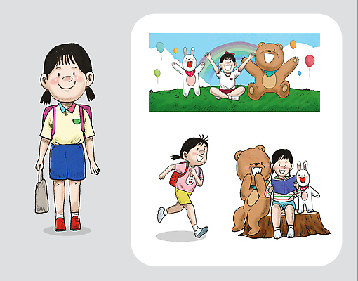 전신 여자 교육 초등학생 어린이 무지개 가방 일러스트 곰 들기 소녀 초원 여러명 책 독서 달리기 만세 토끼 풍선 나무밑둥 소녀만 국내일러스트 AI파일 자연요소 나무 동물 학생 잡화 다수 포유류 모션 사람 반려동물 여자만 어린이만 파일형식 벡터