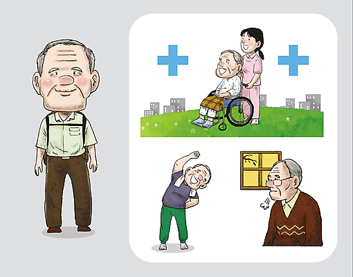 전신 여자 할아버지 노년 남자 일러스트 창문 병원 잔디 여러명 성인 노후 운동 간호사 고독 한숨 휠체어 체조 요양원 독거노인 국내일러스트 AI파일 식물 감정 다수 의학 건강 사람 의료진 파일형식 벡터