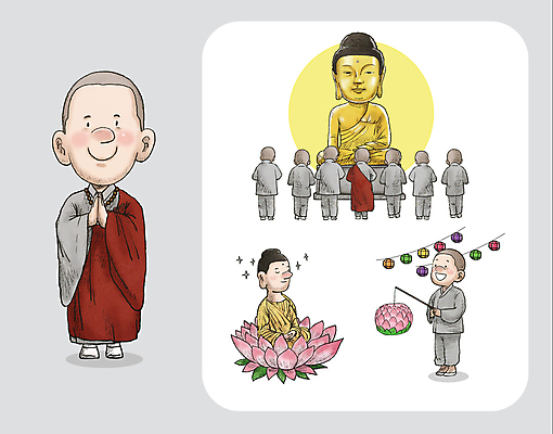 전신 남자 일러스트 연꽃 여러명 성인 부처님오신날 기도 승려 연등 합장 부처님상 성인남자만 국내일러스트 AI파일 기념일 꽃 다수 사람 손짓 등불 성직자 불상 불교용품 부처 남자만 성인만 파일형식 벡터