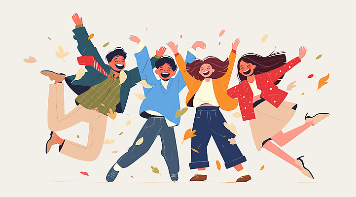 JPG 전신 여자 남자 일러스트 넥타이 나뭇잎 웃음 여러명 성인 점프 기쁨 만세 즐거움 활기 베이지색 성인만 흩날리기 국내일러스트 AI일러스트 AI콘텐츠 잡화 감정 컬러 다수 컨셉 잎 모션 표정 사람 파일형식