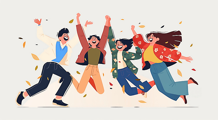 JPG 전신 여자 남자 일러스트 나뭇잎 웃음 여러명 성인 점프 기쁨 만세 즐거움 활기 베이지색 성인만 흩날리기 국내일러스트 AI일러스트 AI콘텐츠 감정 컬러 다수 컨셉 잎 모션 표정 사람 파일형식