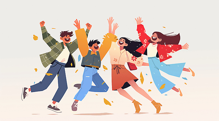 JPG 전신 여자 남자 가방 일러스트 나뭇잎 웃음 여러명 성인 점프 기쁨 만세 즐거움 활기 베이지색 성인만 흩날리기 국내일러스트 AI일러스트 AI콘텐츠 잡화 감정 컬러 다수 컨셉 잎 모션 표정 사람 파일형식