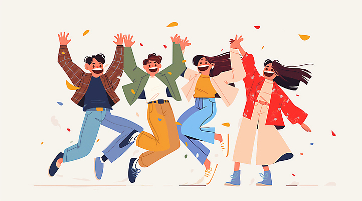 JPG 전신 여자 남자 일러스트 나뭇잎 웃음 여러명 성인 점프 기쁨 만세 즐거움 활기 베이지색 성인만 흩날리기 국내일러스트 AI일러스트 AI콘텐츠 감정 컬러 다수 컨셉 잎 모션 표정 사람 파일형식