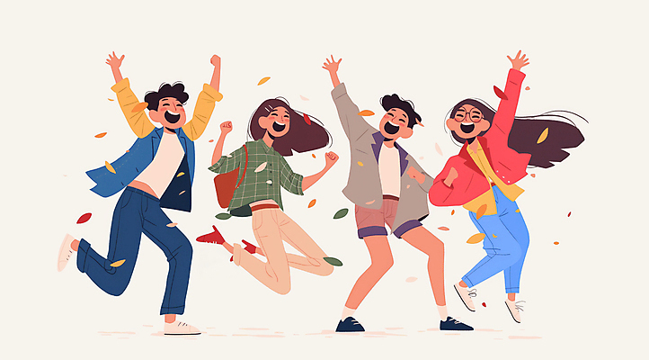 JPG 전신 여자 남자 가방 일러스트 나뭇잎 웃음 여러명 성인 점프 기쁨 만세 즐거움 활기 베이지색 성인만 흩날리기 국내일러스트 AI일러스트 AI콘텐츠 잡화 감정 컬러 다수 컨셉 잎 모션 표정 사람 파일형식