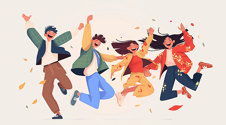 JPG 전신 여자 남자 일러스트 나뭇잎 웃음 여러명 성인 점프 기쁨 만세 즐거움 활기 베이지색 성인만 흩날리기 국내일러스트 AI일러스트 AI콘텐츠 감정 컬러 다수 컨셉 잎 모션 표정 사람 파일형식