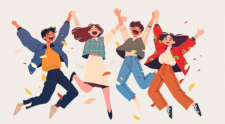 JPG 전신 여자 남자 일러스트 나뭇잎 웃음 여러명 성인 점프 기쁨 만세 즐거움 활기 베이지색 성인만 흩날리기 국내일러스트 AI일러스트 AI콘텐츠 감정 컬러 다수 컨셉 잎 모션 표정 사람 파일형식