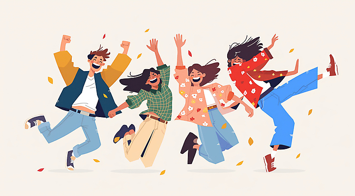 JPG 전신 여자 남자 일러스트 나뭇잎 웃음 여러명 성인 점프 기쁨 만세 즐거움 활기 베이지색 성인만 흩날리기 국내일러스트 AI일러스트 AI콘텐츠 감정 컬러 다수 컨셉 잎 모션 표정 사람 파일형식